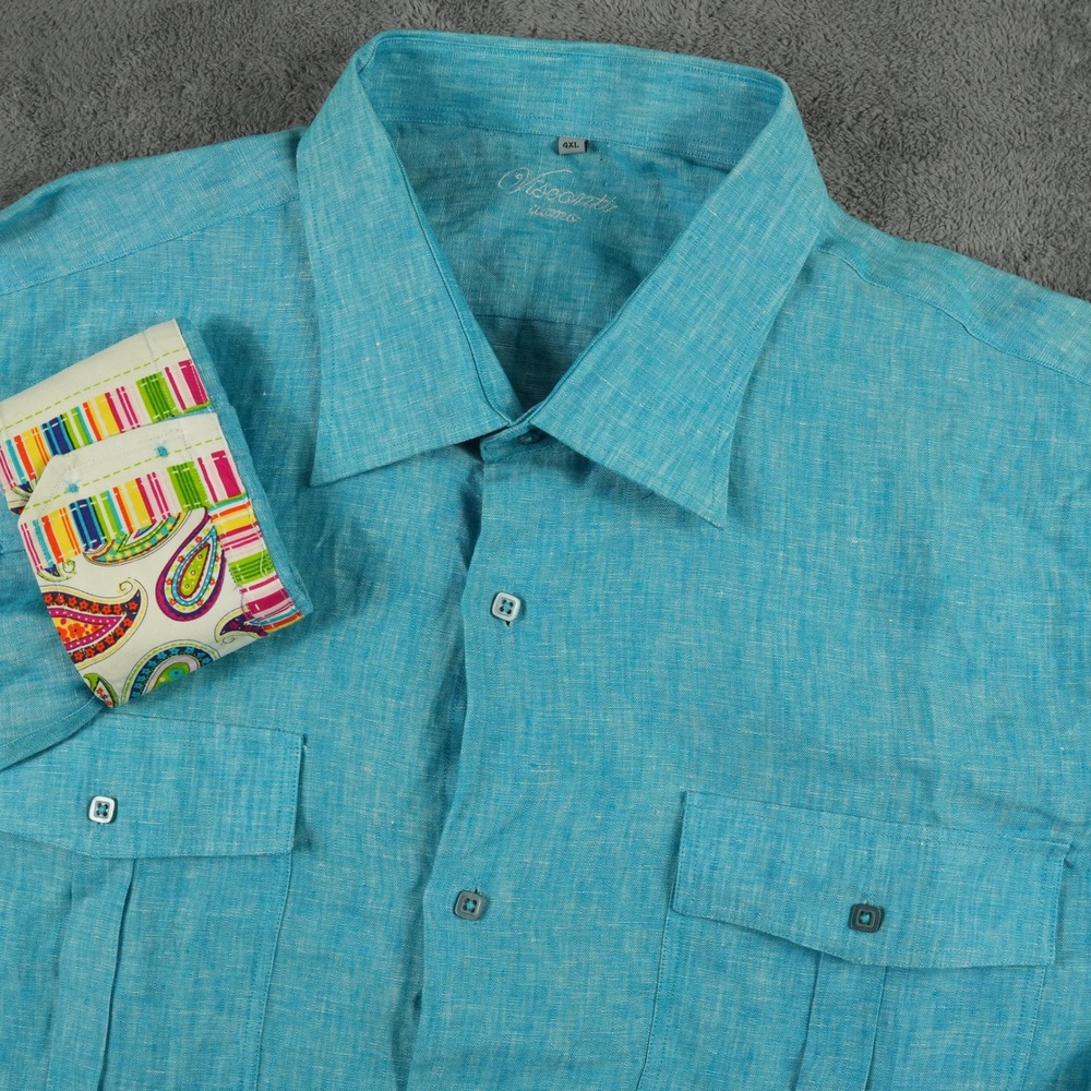 Visconti Uomo Button Up Shirt Mens‎ 4XL Teal Blue 100% Linen Paisley Cuffs